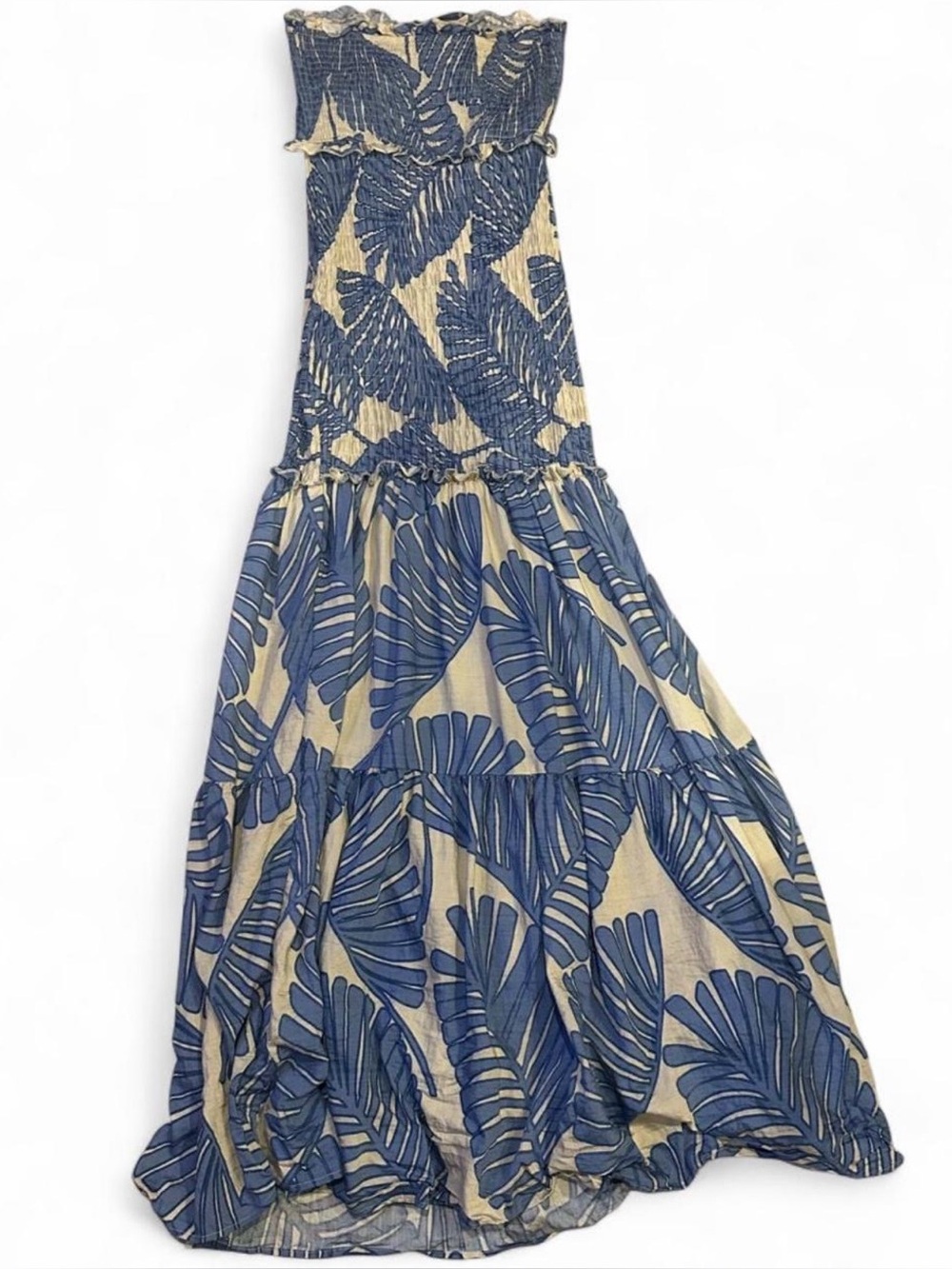 Strapless Blue & Cream Leaf-Print Maxi Dress - Picture 5 of 5